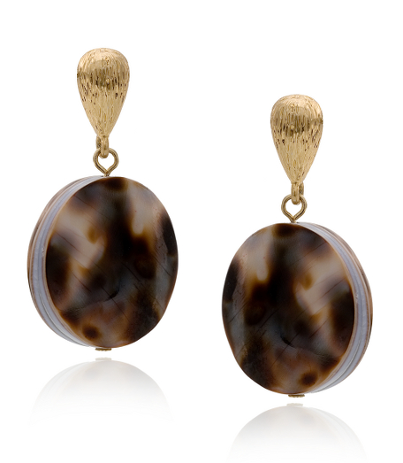 12k gold plated base metal with satin finish. Shell earrings with wild animal design. 1.25" long. Imported. Presented in a beautiful gift box.