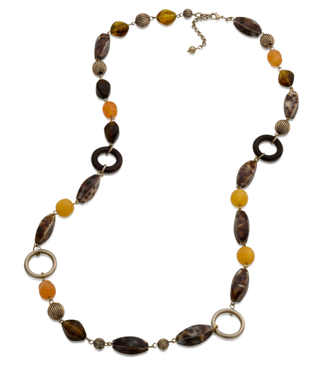 The unique colors, patterns and textures of nature are combined to beautiful effect in our earth-toned jewelry collection. 34" genuine shell and resin beads. Imported. Presented in a beautiful gift box.