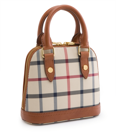 Signature plaid. Shiny gold hardware. Lined. Dual zipper closure. Zippered interior pocket. 7" x 6 1/4" x 3". 3" handle drop. Poly twill. Imported.