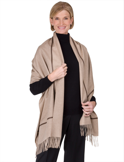 Cashmere. Mink/cashmere spun yarn. Light brown melange color with brown nappa leather trim. 71" x 28" plus 2.5" fringe. Dry clean. Made in Italy exclusively for Brooks Brothers by Colombo.