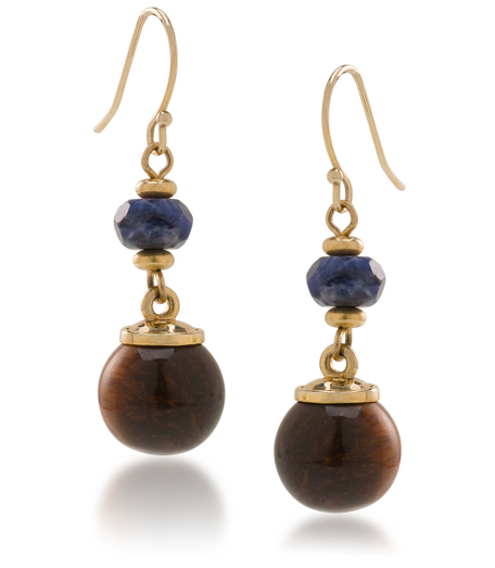 Base metal with 14k gold plate. Sodalite and tiger eye beads. Antique gold finish. French wire closure. 2" long. Imported.