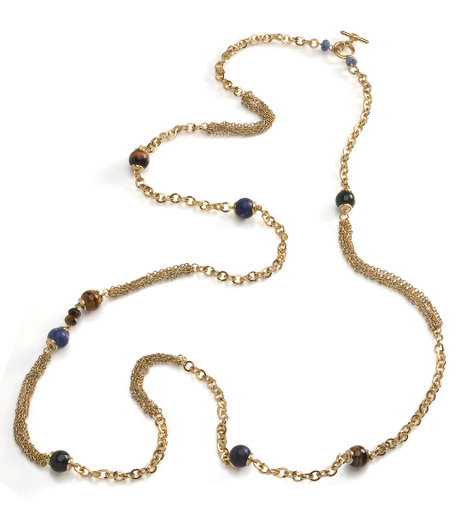 Sodalite, Jade and Red Tiger Eye Beads. Antique gold finish. Toggle closure.  48" Long.   Imported.