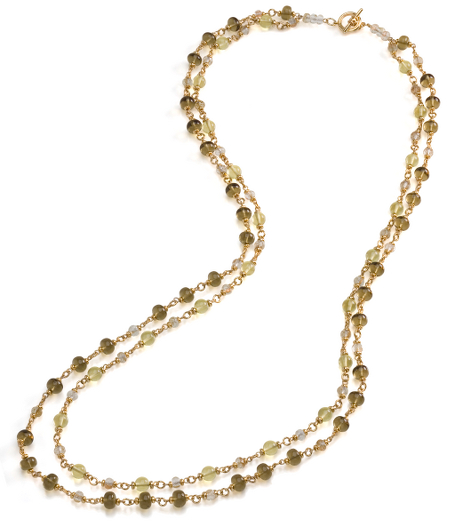 Citrine, Lemon Citrine, Smoky Quartz. Antique gold finish. Toggle closure.  36" Long  Imported.