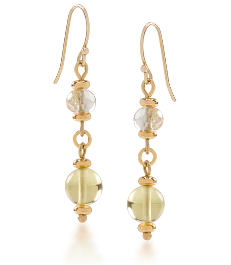 Citrine, Lemon Citrine, Smoky Quartz Crystal Gold Stones. Antique gold finish. French wire closure. 1.5"  Imported.