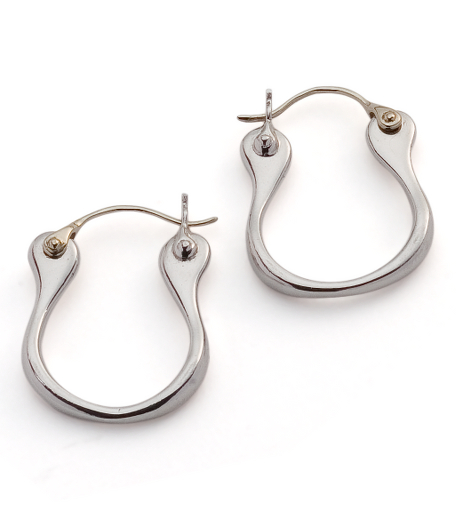 Luxurious  horseshoe shaped-hoop. Sterling silver plated with rhodium.  Rhodium plating will resist tarnishing. Hinged closure. 1" long. Presented in a beautiful gift box. Imported.