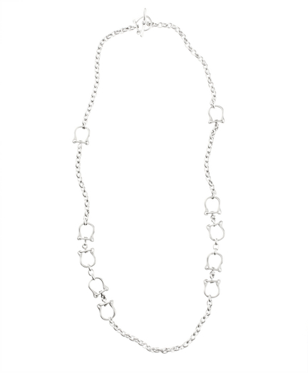 Luxurious  horseshoe-shaped silver link necklace.  Sterling silver plated with rhodium.  Rhodium plating will resist tarnishing.Toggle closure. 34" long. Presented in a gift box. Imported