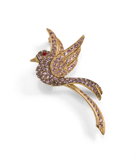 14k Gold plated sterling silver, Austrian crystals and stone lovebird pin. Part of the Brooks Brothers-Audubon Society Collaboration Collection. Design inspired from Audubon's "Birds of America" collection.  Presented in a beautiful gift box. Imported