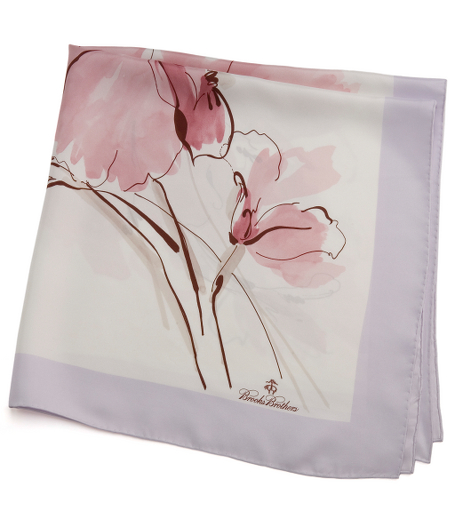 Silk twill. Oversized flower design. Flowers have modern accent lines. Hand rolled hem. 36" x 36. Made in Italy.