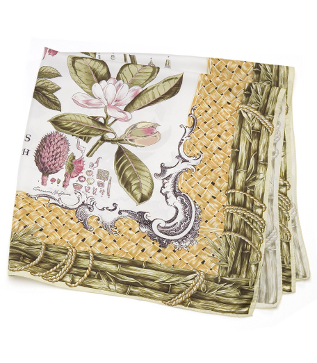 Silk twill. Vintage botanical illustration of Flowers of the South. Machine hand rolled hem. 36" x 36". Made in Italy.