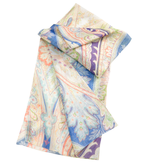 50% linen/50% silk. Sheer multi-colored paisley wrap. 28" x 71". Dry clean. Made in Italy.