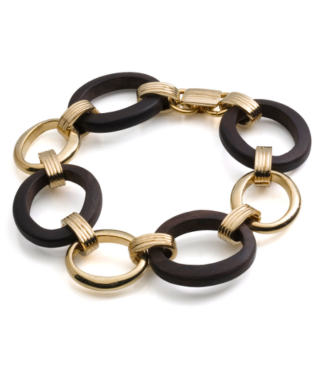 14k gold plated metal and wood. Jewelry clasp closure. 7.5". Imported. Presented in a gift box.