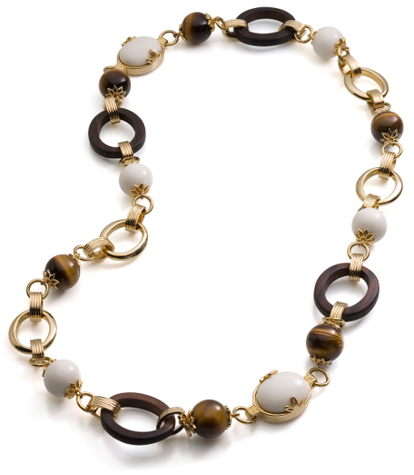 Multiple beads of tiger eye, ivory resin and 14k gold plate links. 18" long. Imported. Presented in a gift box.