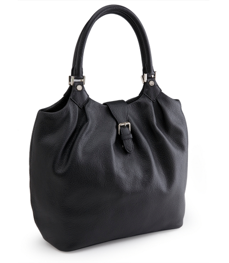 Buffalo leather. Shiny silver hardware. Moire lined. Interior pockets. 11 1/2" x 11" x 5 1/2". Imported.