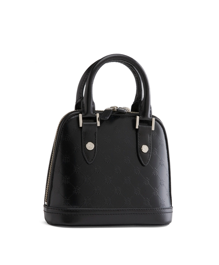 Calfskin. Shiny silver hardware. Moire lined. Interior zippered pocket. Dual zipper closure. 3" handle drop. 7" x 6 1/4" x 3". Imported.