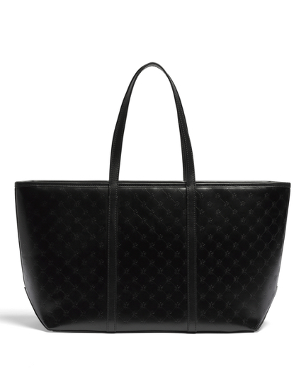 Calfskin. Shiny silver hardware. Moire lined. Interior pocket, cell phone pocket and open pocket. 14 1/4" x 10" x 5 3/4". Imported.