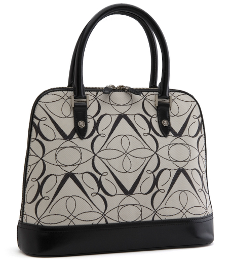 Polyester and calfskin. Shiny silver hardware. Lined with grey/black moire. Interior pockets. 12 1/2" x 10 1/2" x 4 1/2". Imported.