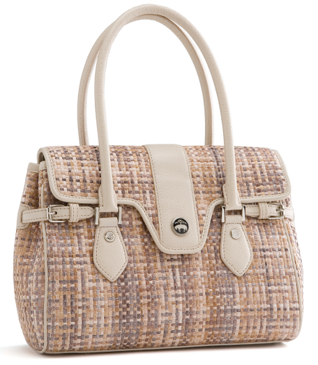 Buffalo leather and straw. Shiny silver hardware. Lined with beige moire. Interior pockets. 11 1/2" x 10 1/2" x 4 1/4". Imported.