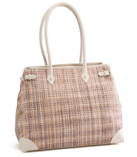 Buffalo leather and straw. Shiny silver hardware. Lined with beige moire. Interior pockets. 15 1/2"x 9 1/2" x 3". Imported.