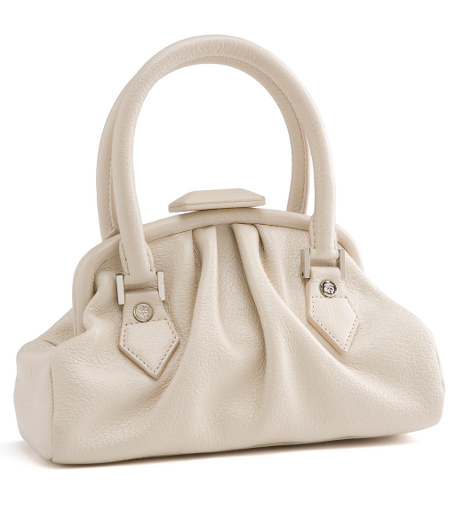 Buffalo leather. Shiny silver hardware. Lined wth beige moire. Interior pockets. 9" x 6 1/2" x 3". Imported.