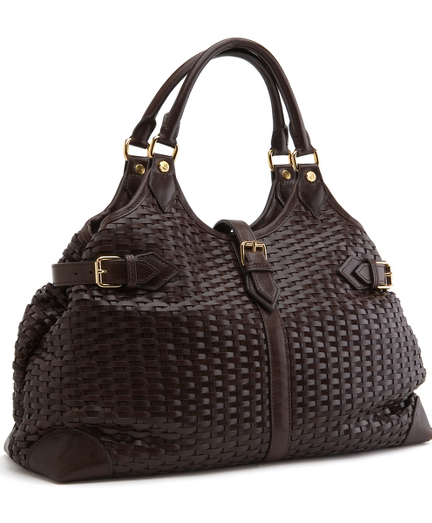 Leather. English brass hardware. Lined with grey/black moire. Interior pockets. 16" x 11" x 4 1/2". 5 1/2" handle drop. Imported.