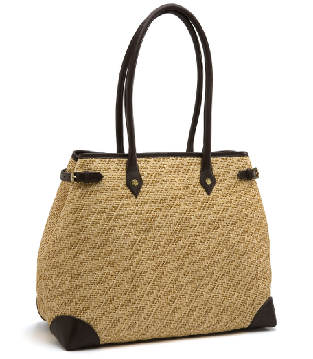 Buffalo leather and straw. English brass hardware. Lined with grey/black moire. 15 1/2" x 13" x 7 1/2". Imported.
