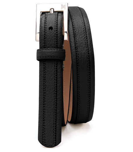 Buffalo leather. Silver metal buckle. 1" wide. Imported.
