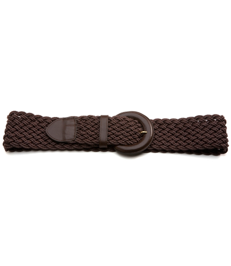 Cotton/leather. Covered leather buckle. Brass hardware. 2 1/2" wide. Made in Italy.