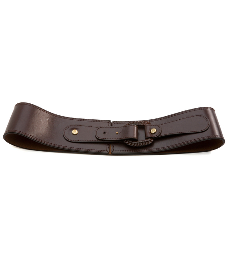 Covered leather buckle. Brass studs. Leather lined. Tone-on-tone stitching. 2 3/4" wide.