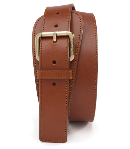 Calfskin leather. 1 1/4". Brass buckle. Leather lined. Tone-on-tone stitching. Made in Italy.