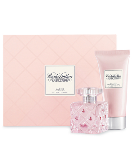 Brooks Brothers' first fragrance for ladies is a  bright bouquet of jasmine, freesia, hyacinth and orris petals enhanced by sophisticated woody notes. Two-piece gift set includes: Eau de Parfum (3.4 oz) and Ultra-Moisturizing Luxury Body Creme (5 oz), with a lightweight, creamy texture that is enhanced with vitamin E, soy protein and caviar extract to help keep skin soft. Made in the USA. Per FAA regulations, fragrances and any other item in which alcohol is the primary ingredient, may only be shipped via Standard Delivery (FedEx Ground) within the contiguous United States.                   "