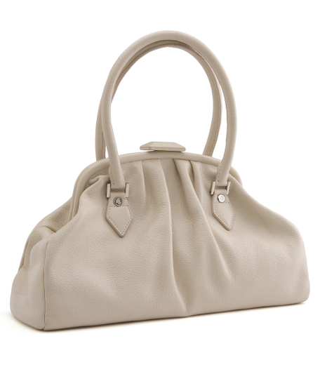 Buffalo leather. Shiny silver hardware. Lined wth beige moire. Interior pockets. 14 1/2" x 8 1/2" x 4 1/2". 5 1/2" handle drop. Imported.