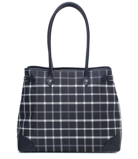 Signature tattersall in polyester with genuine calfskin handles. Fully lined in moire. Golden Fleece logo stud detailing. Detailed with silver-tone hardware. Interior zip pocket and hanging pocket with credit card holder. Flap closure with magnetic snap. 15 1/2" x 13" x 7 1/2". 10" handle drop. Imported.