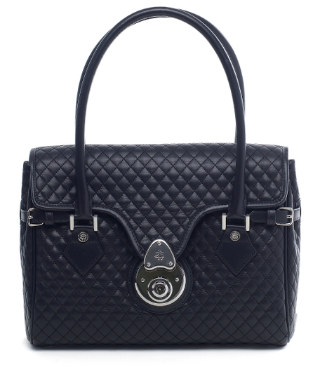 Quilted leather. Shiny silver hardware. Lined with grey/black moire. Interior pocket. Cell phone pocket. 11 1/2" x 9 1/2" x 3". Imported.