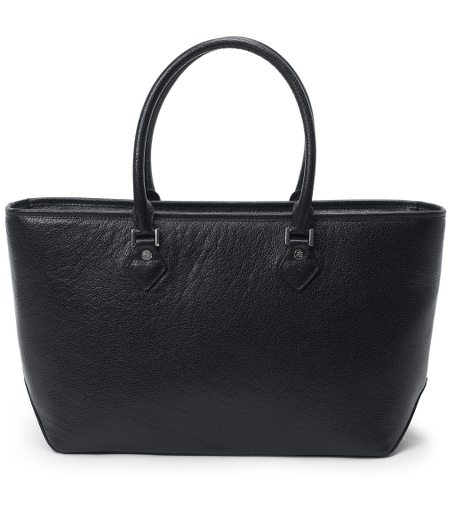 Buffalo leather. Shiny silver hardware. Lined with grey/black moire. Interior pocket. Cell phone pocket. 14 1/4" x 10" x 5 3/4". Imported.