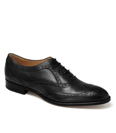 Genuine calfskin with leather lining and sole. 1" heel. Perforated wingtip. Made in Italy.