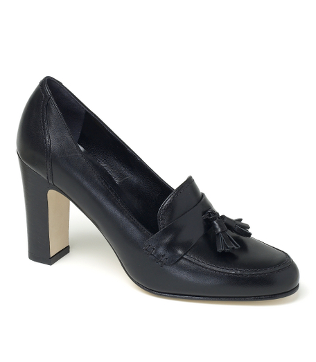 Genuine leather with leather lining and sole. Loafer styled pump. Stacked 3 3/4" heel. Made in Italy.