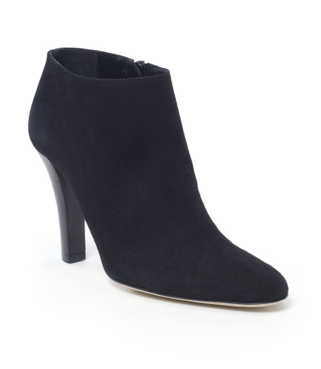 Genuine suede with leather lining and sole. Stacked 3 3/4" heel. Tassels on side zipper pull. Made in Italy.
