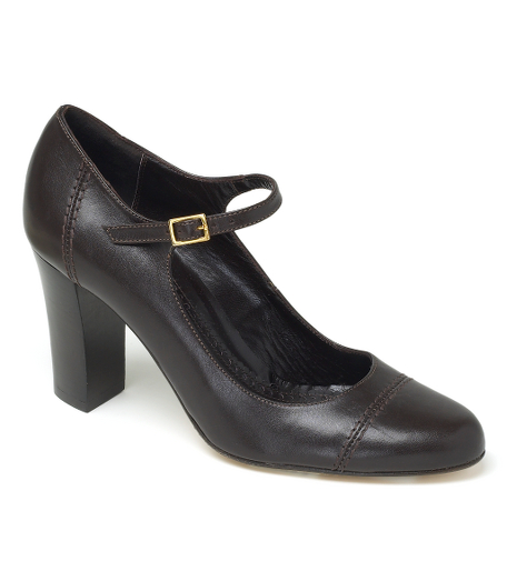 Classic Mary Jane style in genuine leather with leather lining and sole. Gold hardware. Stacked 3" heel. Made in Italy.