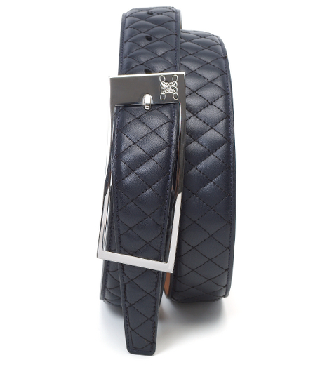 Genuine quilted calfskin. Leather lined. Silver buckle. Tone-on-tone stitching. 1 1/2" width. Made in Italy.