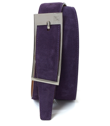 Genuine suede with brass buckle with palladium plating. Leather lined. Tone-on-tone stitching. 1 1/2". Made in Italy.