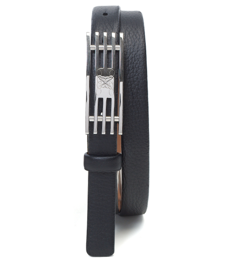 Genuine calfskin. Black has brass with palladium buckle and cognac had brass buckle. Leather lined. 3/4". Tone-on-tone stitching. Made in Italy.