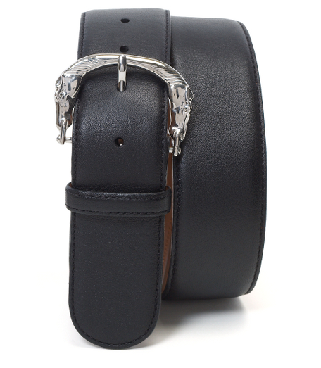 Genuine calfskin. Black has alloid buckle with palladium plating and cognac with alloid buckle with gold plating. Leather lined. Tone-on-tone stitching. Made in Italy.