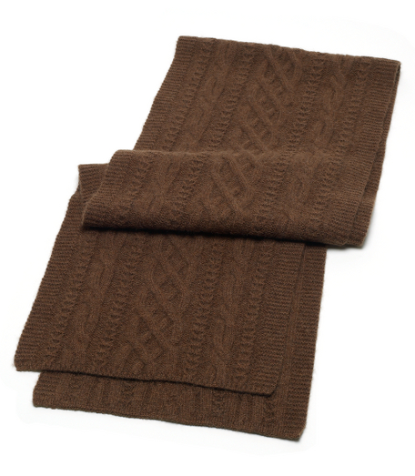 Pure camel hair with a cable pattern. 74" x 14". Dry clean. Imported.
