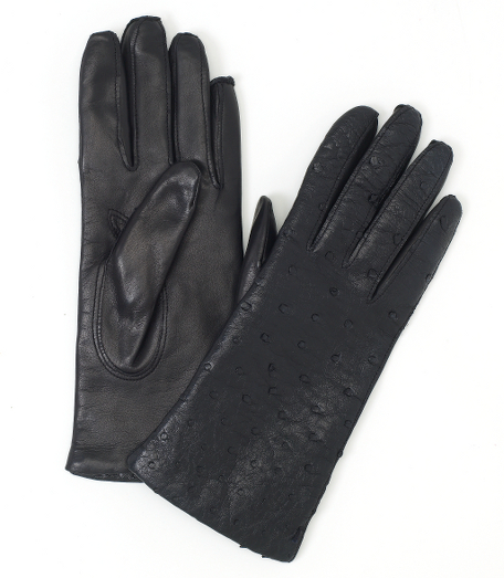Genuine ostrich with lambskin palm and cashmere lining. 2-button length. Professionally clean. Made in Italy.