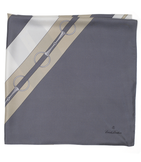 Pure silk twill. Sterling bit and diagonal stripe design. 36" x 36". Presented in a gift box. Dry clean. Made in Italy.