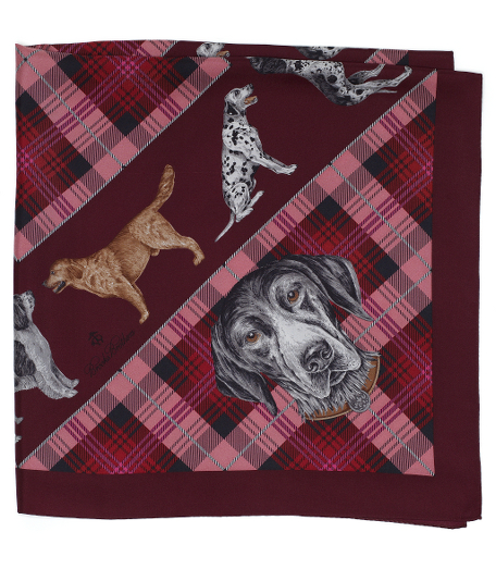 Pure silk twill. Tartan pattern with a variety of dog breeds. 36" x 36". Presented in a gift box. Dry clean. Made in Italy.