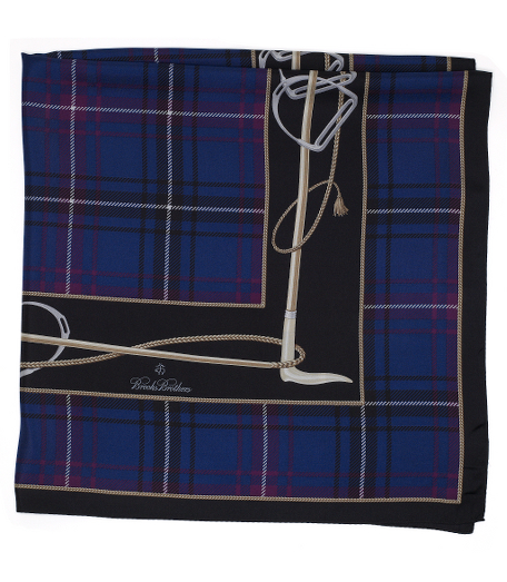 Pure silk twill. Tartan design with equestrian detail on border. 36" x 36". Presented in a gift box. Dry clean. Made in Italy.
