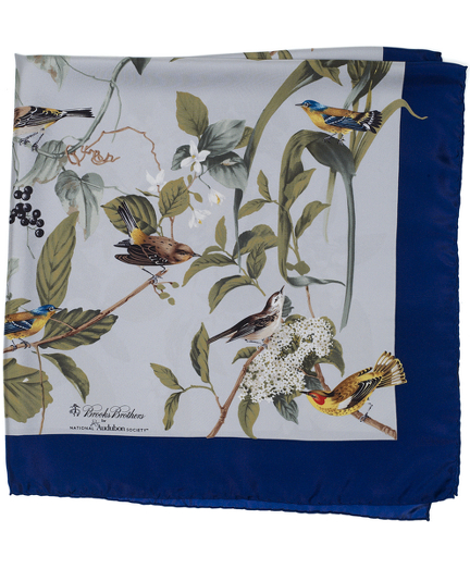Pure silk twill. Various types of Warbler songbirds decorate the scarf. Part of the Brooks Brothers-Audubon Society Collaboration Collection. Design inspired from Audubon's "Birds of America" Collection. 36" x 36". Presented in a gift box. Dry clean. Made in Italy.