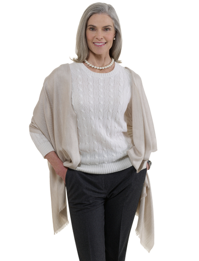 Lightweight and luxurious cashmere and silk blend herringbone wrap. Herringbone pattern. 25" x 82" plus 1/2" fringe. Dry clean. Made in Italy.