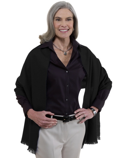 Pure soft merino wool. Versatile, can be worn around neck or as a wrap. 20" x 72" plus 1" side fringe. Dry clean. Imported.